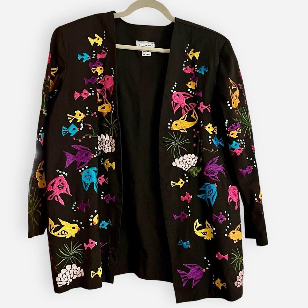 Jesus A Diaz Blazer Embroidered Jacket Cotton Womens Medium M Mexico Fish‎
